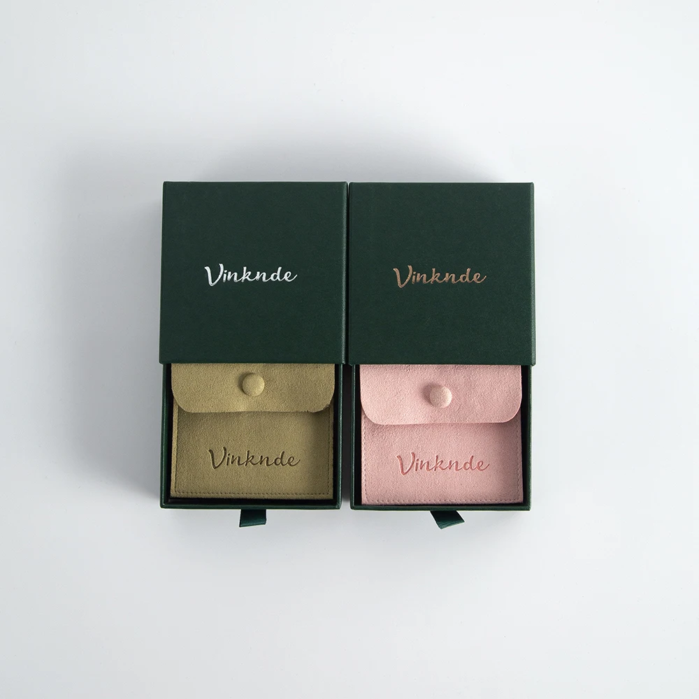 Small 8x8cm Microfiber Suede Gift Bag Snap Button Pouch 9x9x3.2cm Green Paper Drawer Box Earrings Jewelry Packaging Case
