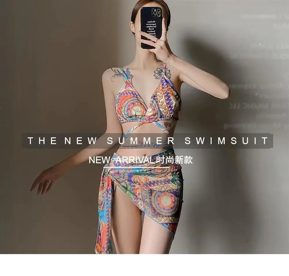 2024 New Sexy Mesh Printed Beach Skirt Three Piece Women's Bikini Swimwear Swimsuit Women Cinjunto De Dos Piezas Mujer