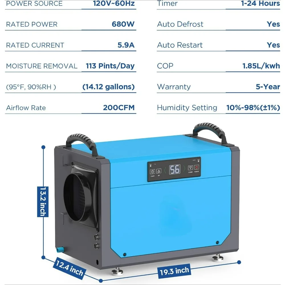113 Pints Dehumidifiers for Basements,Crawl Space Dehumidifier with Drain Hose, Commercial Dehumidifier for Large Room
