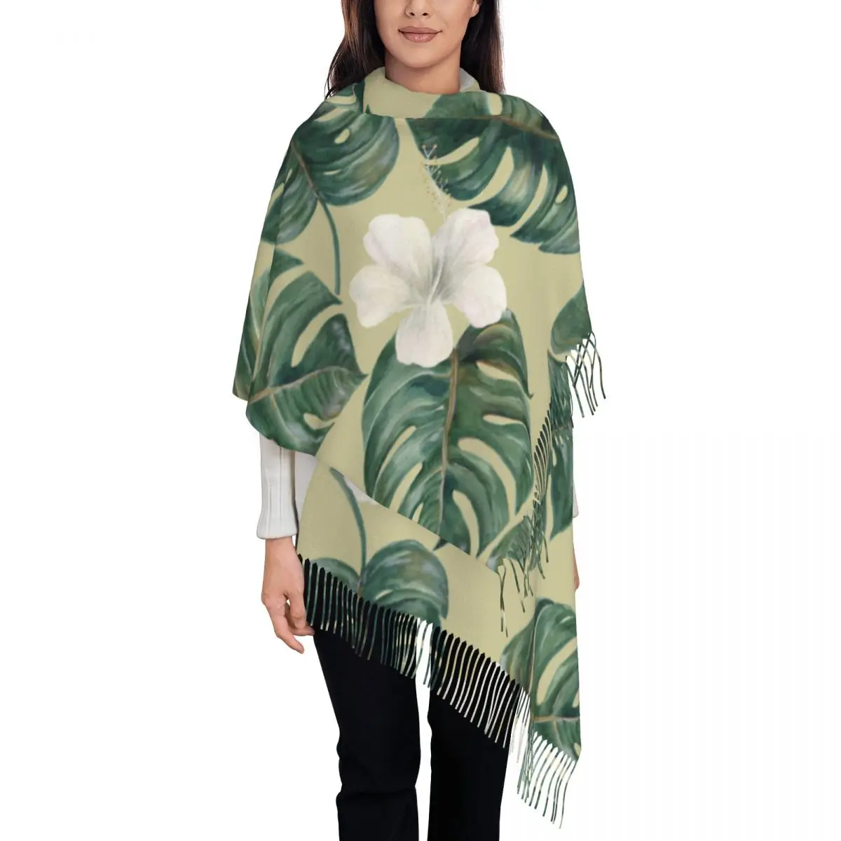 

Winter Tassel Scarf Watercolor Palm Deliciosa Leaves Hibiscus Cashmere Scarves Neck Head Warm Pashmina Lady Shawl Wrap Bandana
