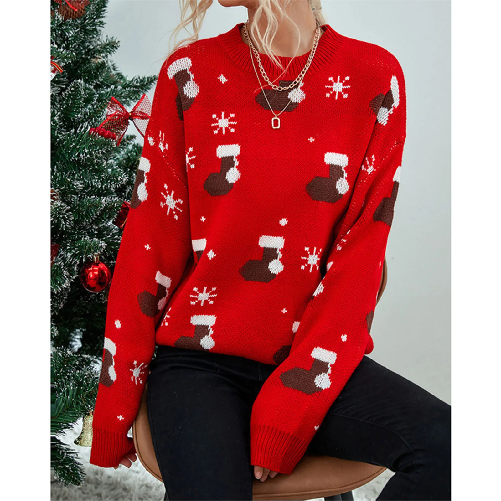 

Women'S Christmas Hats Jacquard Knitted Sweater Pullover Long Sleeve Loose Jumper Christmas Sweater Women'S Sweater Pull Femme