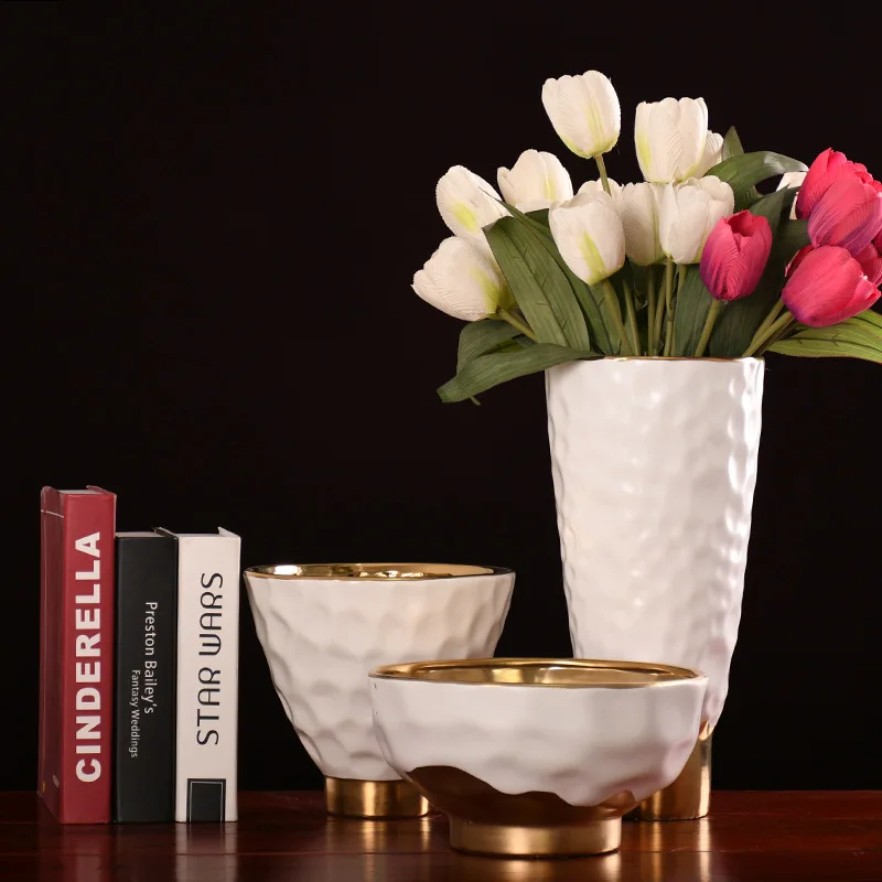 

Nordic gold-plated large mouth flower arrangement vase home ceramic decoration living room craft decor flower vase home decor