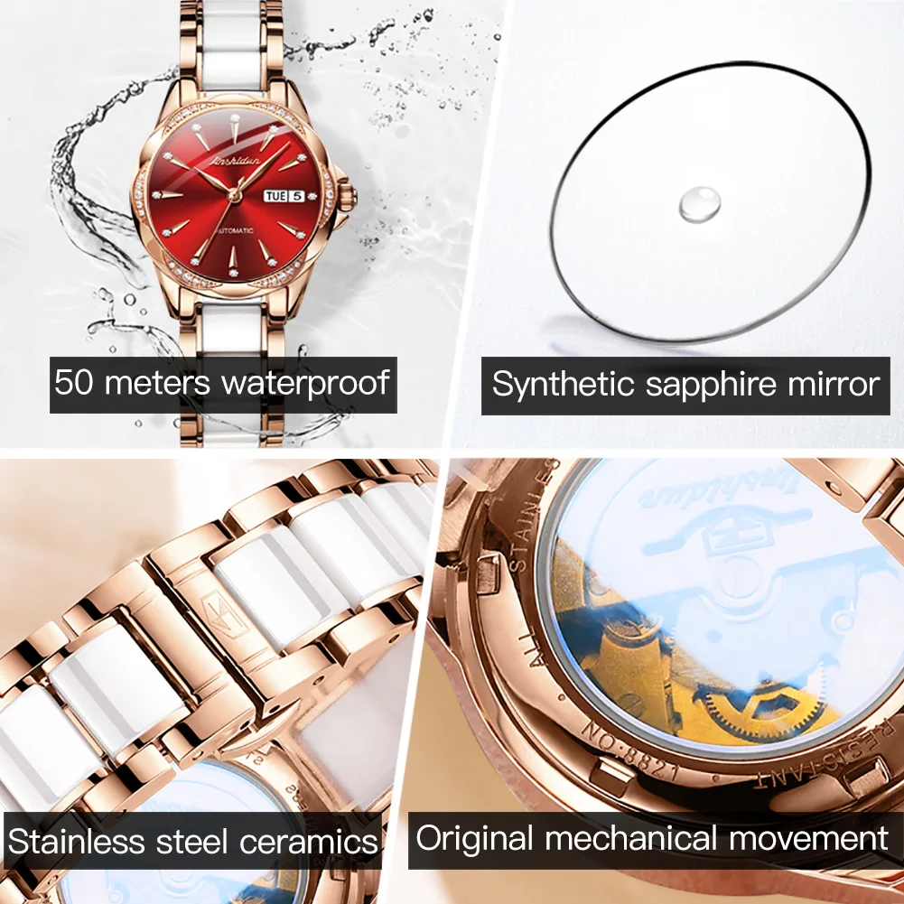 JSDUN 8821 Automatic Watch For Women Ceramic Steel Strap Dual Calendar Ladies Mechanical Wristwatch Classic Waterproof Watches