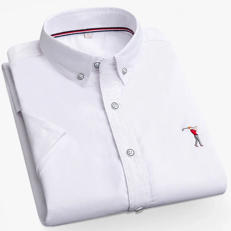 Casual Short Sleeved Shirt Summer Men Short Sleeve Dress Shirts Embroidery Solid Color Turn Down Collar