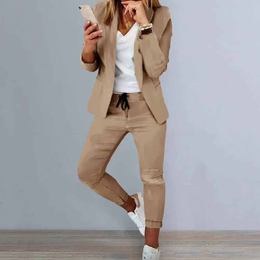 Women Coat Pants Set Elegant Women's Business Suit Set with Long Sleeves Slim Fit Pants Professional Office Attire for Women