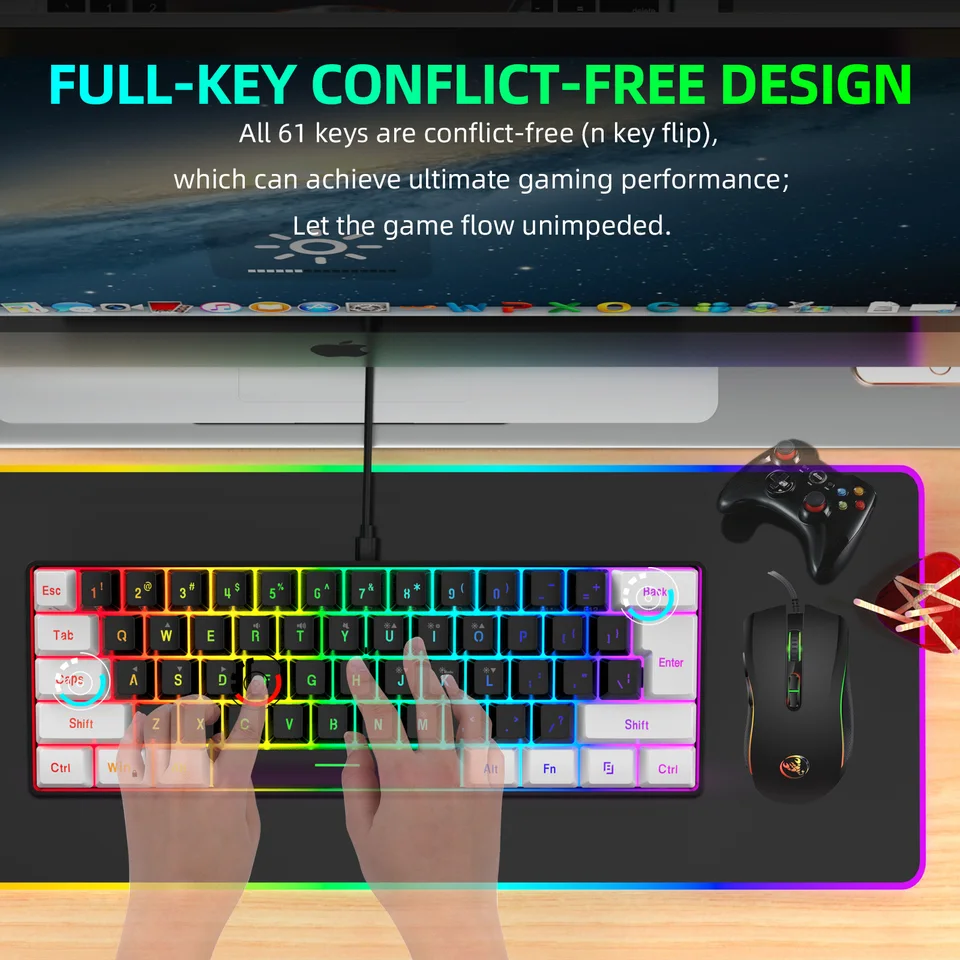 Nuevo kit de juegos con cable de 61 teclas, blanco y negro, con retroiluminación RGB, teclado y ratón para PUBG._voghion.com