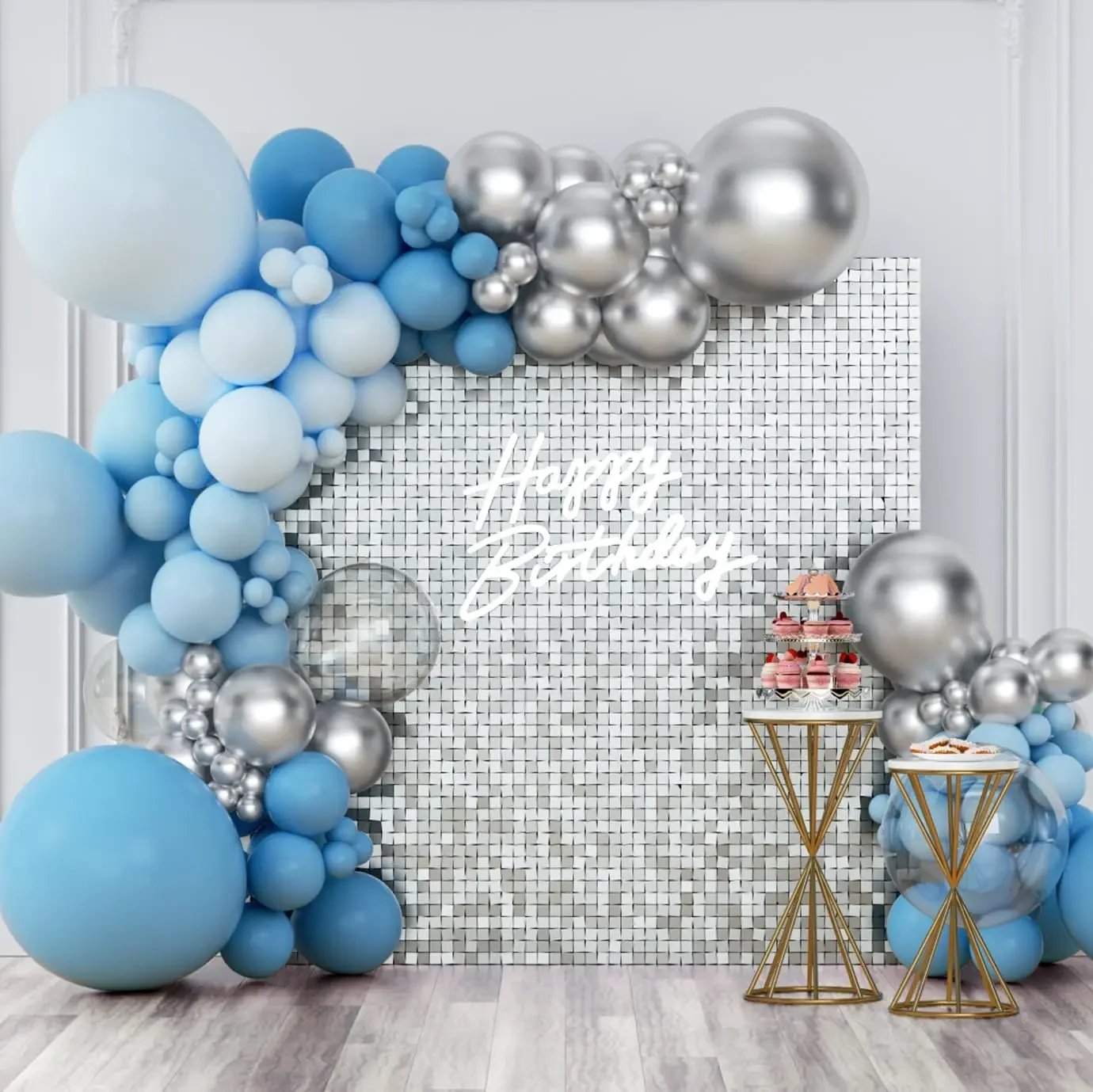 

Shimmer Wall Backdrop Panels 24Pcs Square Silver Sequin Shimmer Backdrop Decor for Wedding, Birthday Party Decoration.