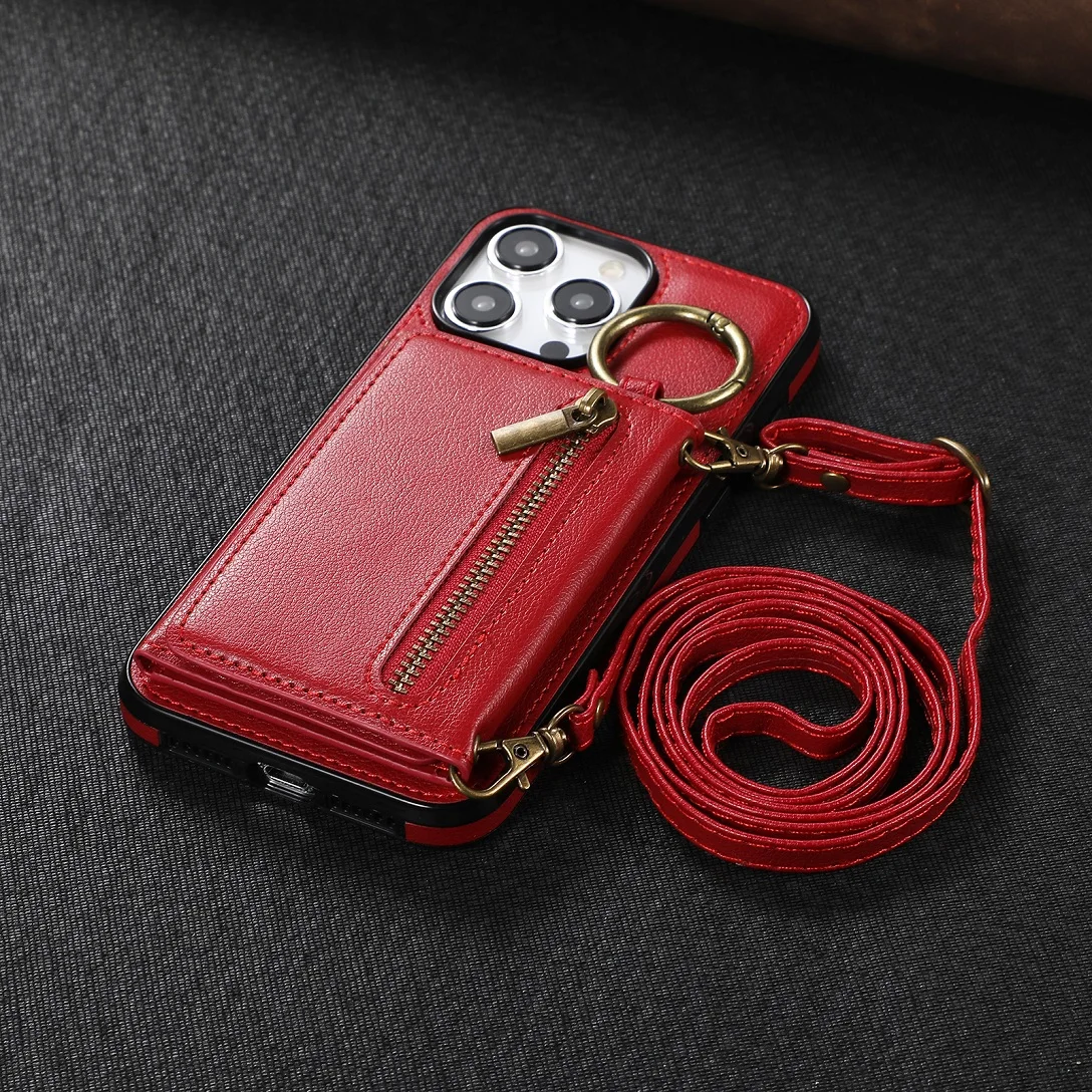 thumbnail image 1 of Funda de cuero con correa para el hombro para iPhone, funda de lujo con cremallera para tarjetas, 11, 12, 13, 14, 15, 16 Pro Max Plus, funda con cordón para teléfono, 1 of 5