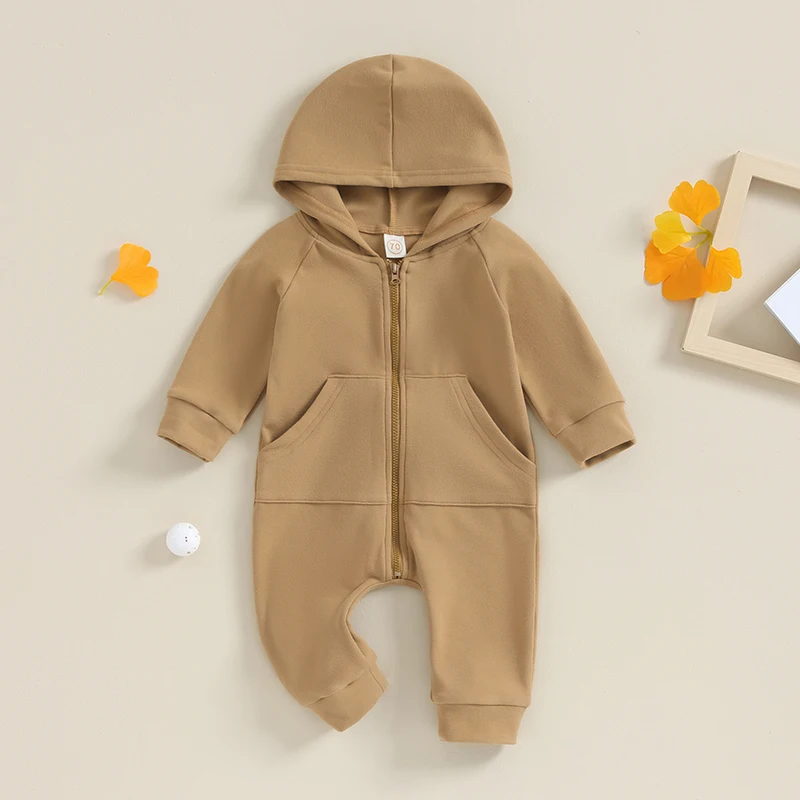 2023-08-15 Lioraitiin 0-24M Baby Girls Boys Autumn Hooded Jumpsuit Solid Color Long Sleeve Zipper Closure Casual Romper 2