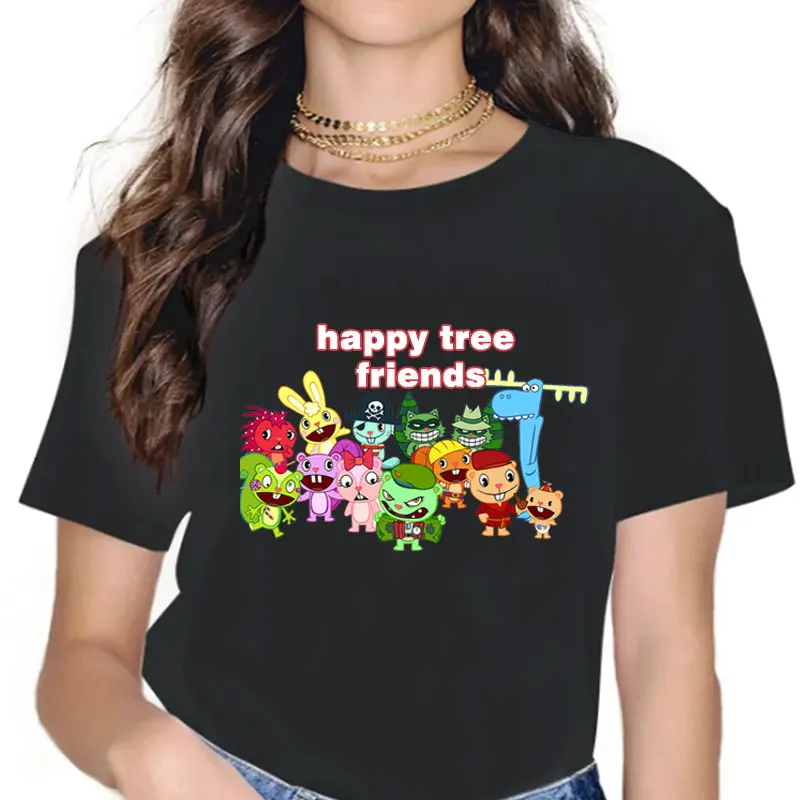 

Женская футболка с надписью Happy Tree Friends Cuddles Giggles, летняя повседневная футболка с круглым вырезом