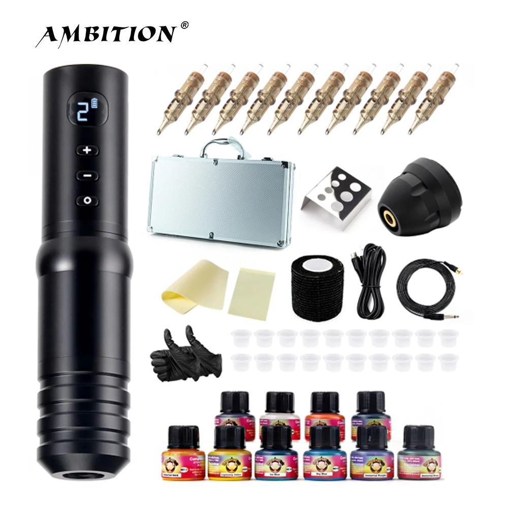 Ambition Professional Wireless Tattoo Machine Pen With 1800 mAh LCD Display Battery 10pcs Tattoo Cartridge for Tattoo Artist