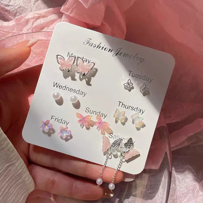 Flower Earrings Colorful Flower Butterfly Earrings Seven-piece Set for Women Fashion Personalized Daily Accessory Party Jewelry Birthday Gifts