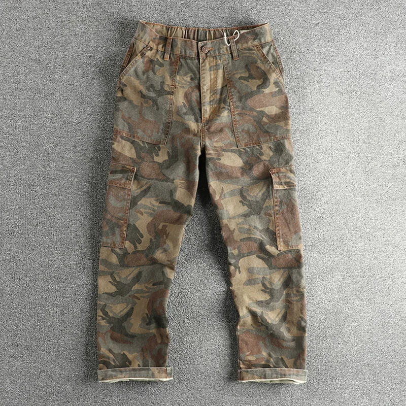 Amikaji Retro Silhouette Loose Straight Leg Casual Pants Men Made Of Pure Cotton Woven Washed Worn Camouflage Workwear Trousers