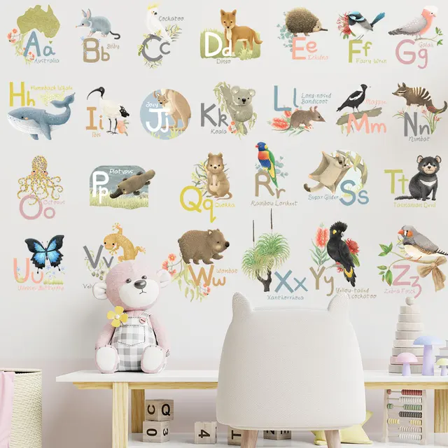 4sheets/set Cartoon Marine Animals Wall Stickers for Kids Room Decoration  ABC English Alphabet Wall Decals Baby Nursery Room - AliExpress