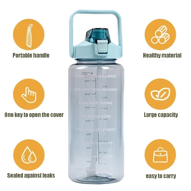 Botella de agua portátil de gran capacidad, vaso de plástico con pajita, marcador de tiempo, ideal para deportes al aire libre, 0,5 L, 1,0 L, 2L - Imagen 4