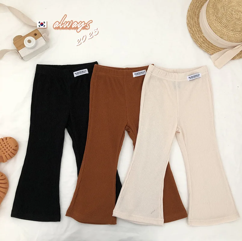 Girls' Bell Bottom Pants 2025 Spring New Style, Stylish, Solid Color, Slim Fit, 9% Casual Bottom Pants Trend for Little Girls