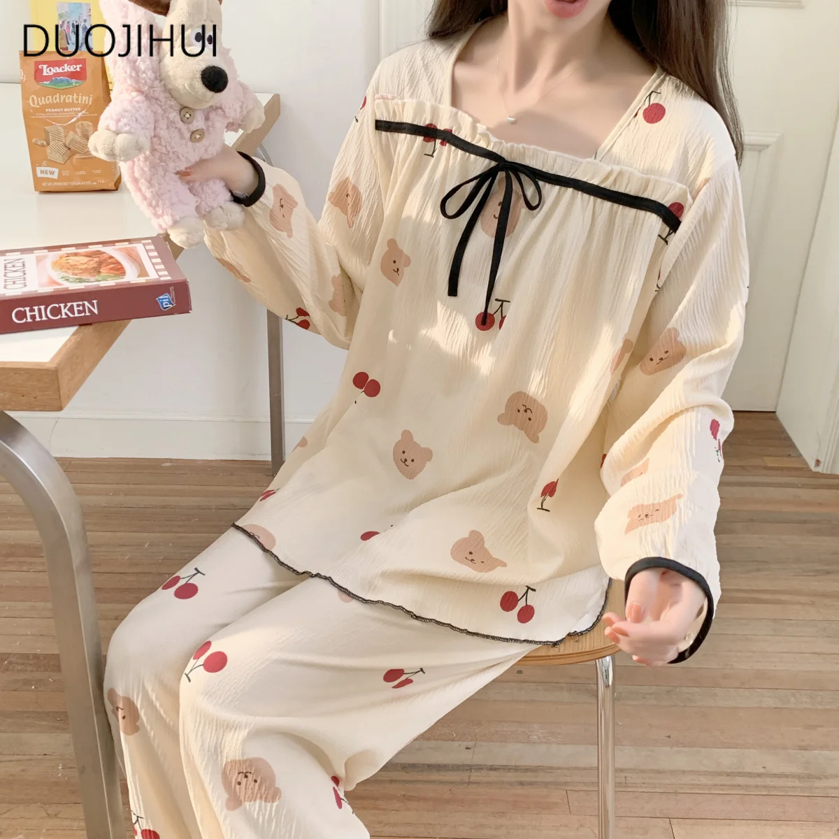 DUOJIHUI Spring Sweet Two Piece Casual Home Pajamas for Women Chic Printing Simple Bow Pullover Fashion Pant Female Pajamas Sets
