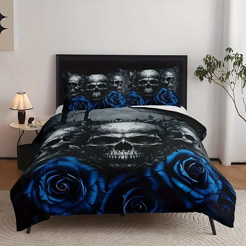 Fashion Blue Rose Skull Print Duvet Cover Soft Comfortable Bedding Set For Bedroom (1*Duvet Cover+2*Pillowcase) For Halloween