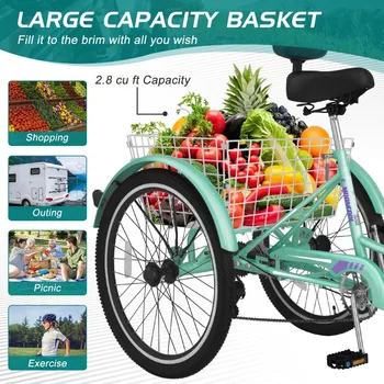 2024 New Adult Tricycles, 7 Speed Adult Trikes with Large Basket for Recreation, Shopping, Picnics Exercise 4