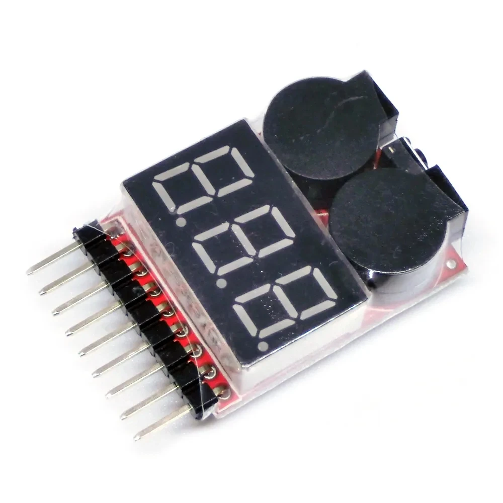 Testeur de tension Lipo 1S-8S en main, affichant la tension d'une batterie, alarme basse tension précise