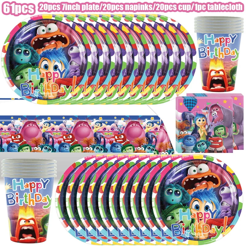 thumbnail image 1 of Kit de decoración para fiesta de cumpleaños de Disney Inside Out 2 Vasos de papel Platos Servilletas Telón de fondo Globos Suministros, 1 of 4