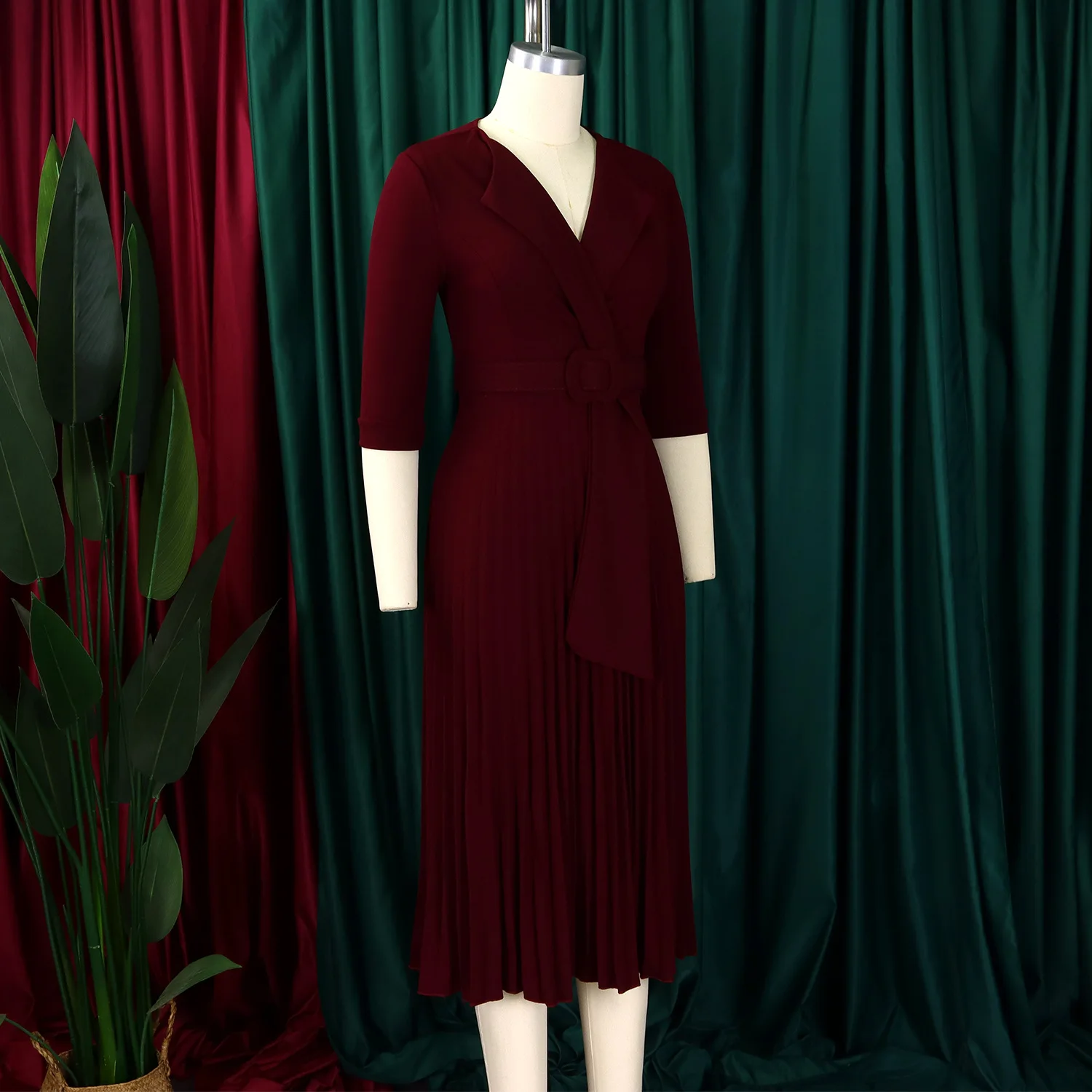 XIOCEAN Elegant Office Dresses Pleated for Woman Notched Collar Half Sleeve Belt Waisted Mid Calf Afircan Business New Robe