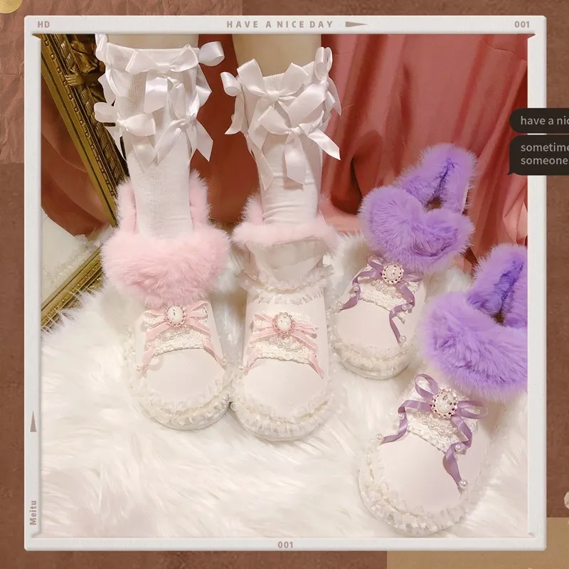 

Japanese tea party sweet lolita shoes vintage round head plush tube snow boots French retro style loli sweet beauty boots cos