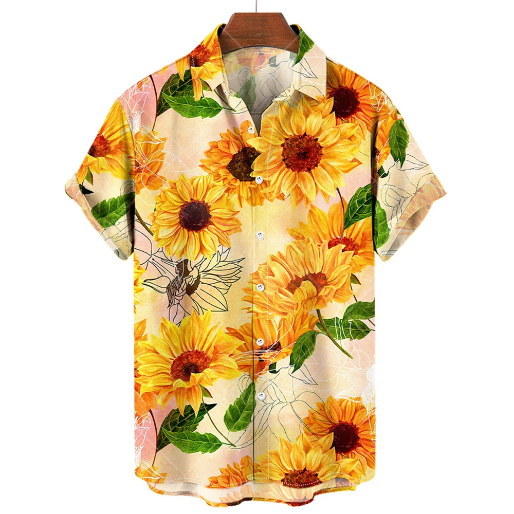 thumbnail image 1 of Camisas hawaianas para hombre, camisas con estampado 3D de girasoles para hombre, ropa de moda con solapa de manga corta para hombre, camisetas holgadas de gran tamaño, 1 of 5
