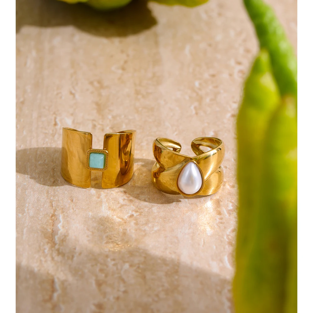 Yhpup Ring Amazon Stone Pearl Open Golden Cast for Women
