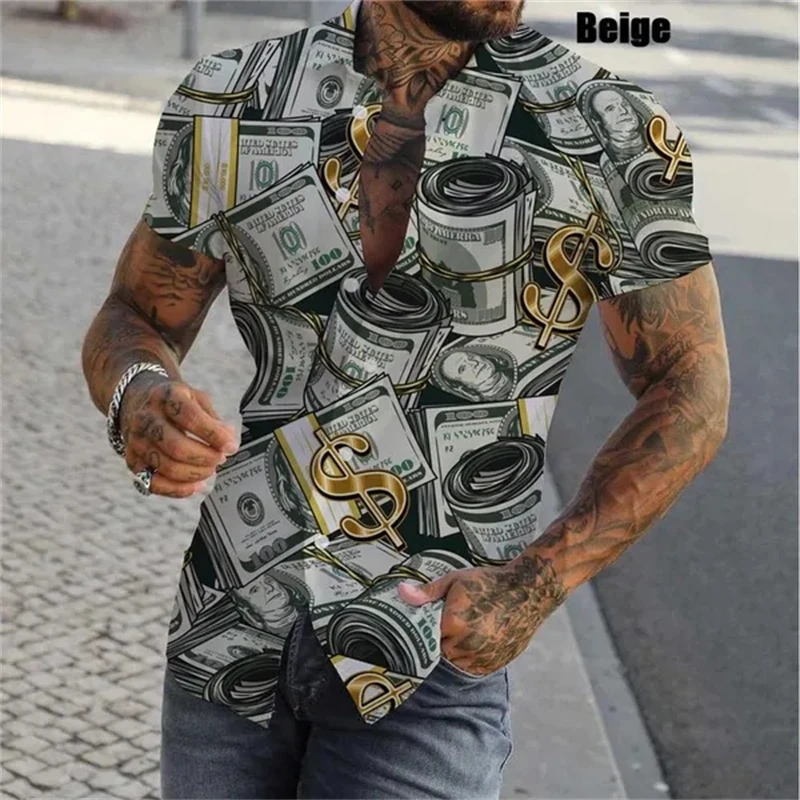 thumbnail image 1 of Camisas con estampado 3D de dólares para hombre, camisas casuales de verano de manga corta ajustadas con botones, blusas y tops para hombre, 1 of 5