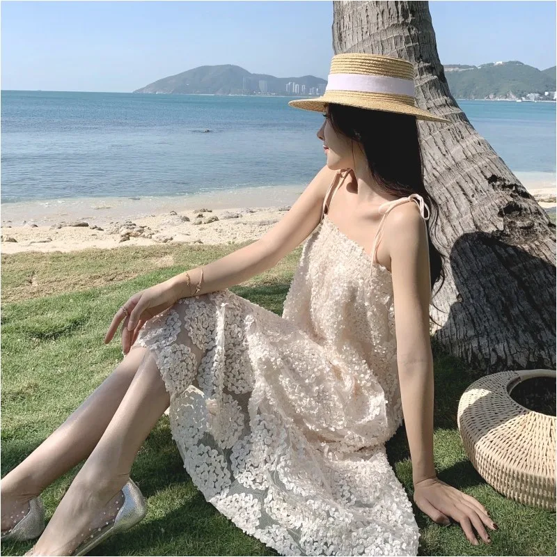 

Fashion Korean Style Women Vintage Sexy Strap Midi Vacation Dress Elegant Sweet Coffee Break Lace Mesh Loose Beach Female Dress