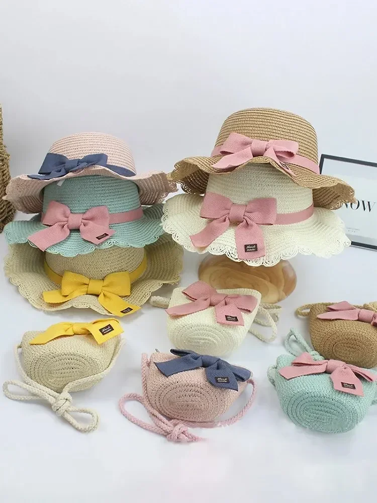 Hat And Bag Set Summer Bow Sweet And Cute Sunshade Sun Hat For Children Straw Cap Beach For Summer sun hat sun protection hat
