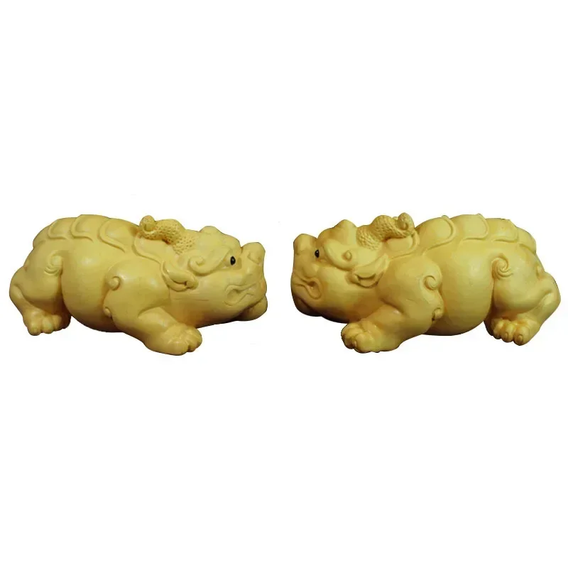 

10cm A pair Solid wood lucky pi xiu China God beast Statue, Hand-carved Lucky Ward off evil spirits Home decoration statue