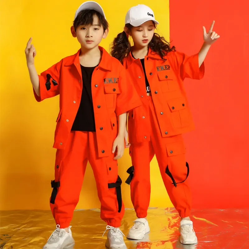 

Costume for Girls Boys Ballroom Dancing Streetwear Kids Cargo Pants Short Sleeve Jacket Coat Hip Hop Clothing Clothes Jazz Dance