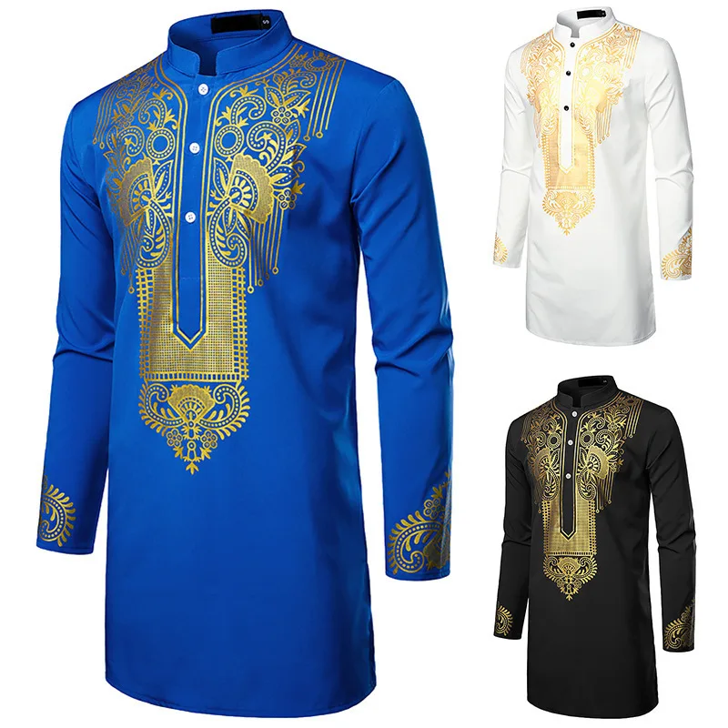 Dubai Luxury Casual Islamic Arabic Abaya Robe Fashion Ethnic Print Stand Collar Youth Mid-length Shirt Coat Muslim Men Clothing