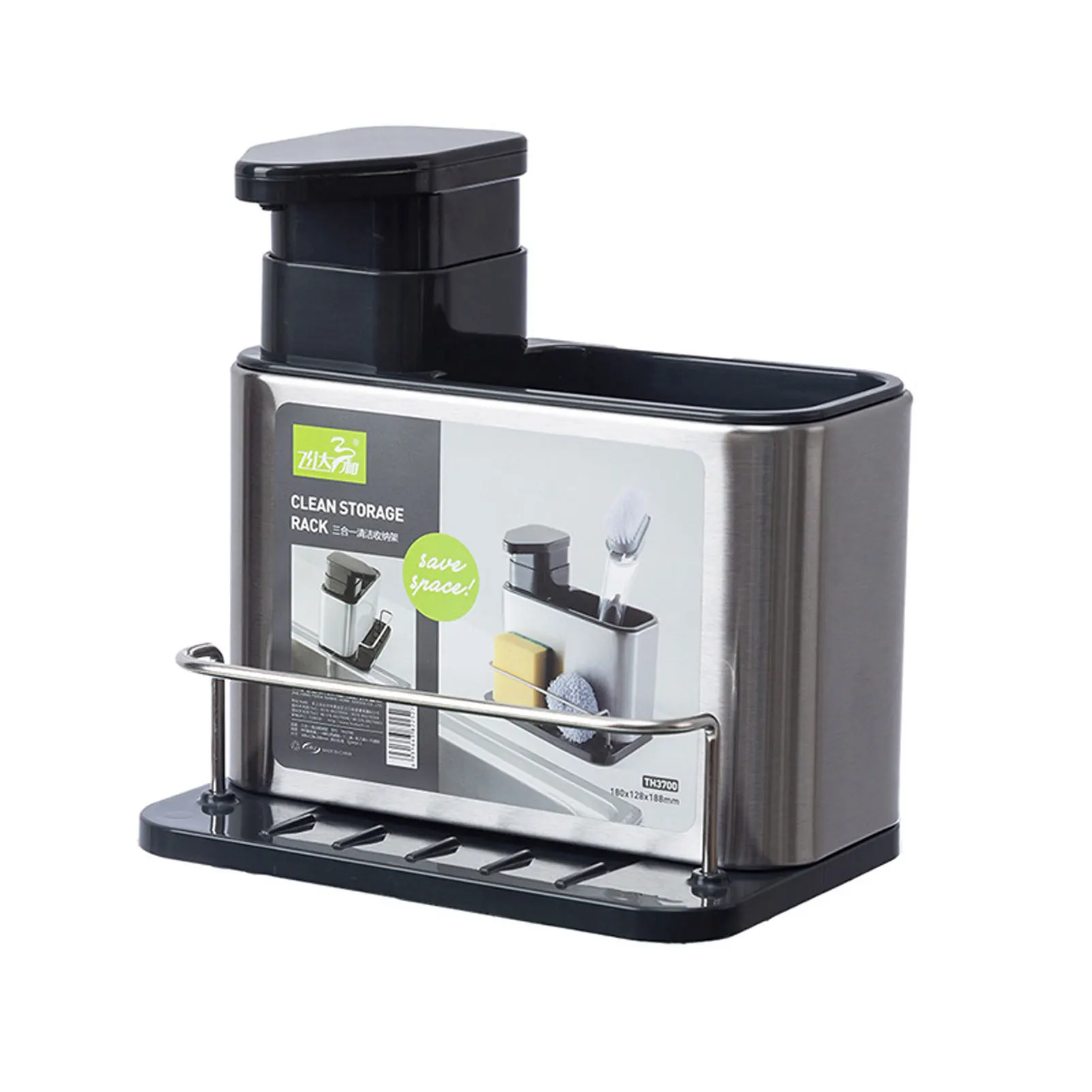 3-in-1 Stainless Steel Soap Dispenser Kitchen Sink Organizer with Drain Holes Sink Soap Pump Soap Dispenser Sponge Holder