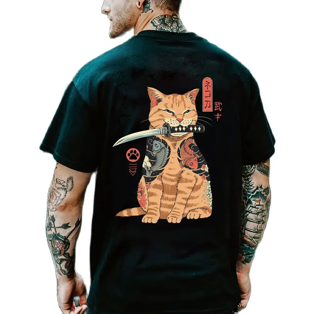 

2023 мультфильм аниме самурай Кот узор 3D печатные футболки Мужская Уличная Harajuku винтажная одежда повседневные футболки с круглым вырезом и коротким рукавом