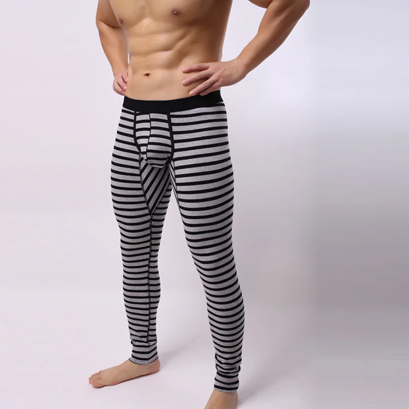 Men's Thermal Underwear Bottoms Sexy Long Johns Warm Cotton Underwear Bulge Penis Pouch Low Rise Men Leggings Man Striped Lounge 4