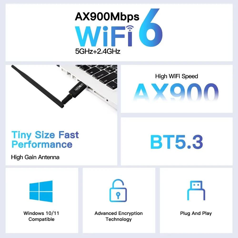WiFi USB 어댑터 AX900 Bluetooth 5.3 무선 듀얼 밴드 2.4G/5GHz Wi-Fi 안테나 PC/노트북 드라이버 용 USB 동글 수신기 무료