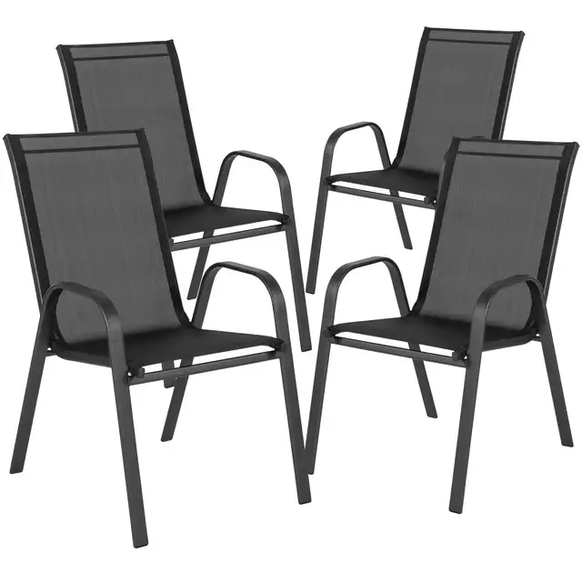 4 Metal Outdoor Chair Set Stackable Patio Textilene Dining Chair Stack Metal Frame Set of 4, Load Weight 150kg, Black,Brown,Gray