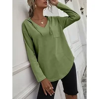 Plus Size 1XL-5XL Women's Fashion Long-Sleeved V-neck Hoodies Pullovers Ladies Solid Color Pullover Hoodie Drawstring Tops