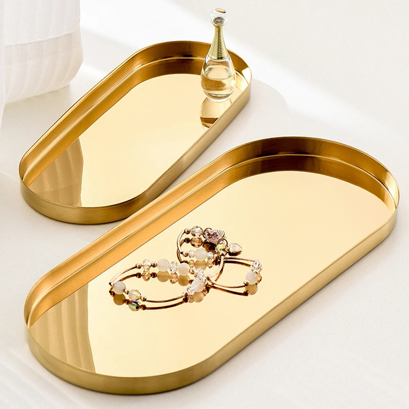 Stainless Steel Storage Tray Golden Oval  Light Luxury Jewelry  Cosmetic   Plate Swing  Home Decorative tray 5