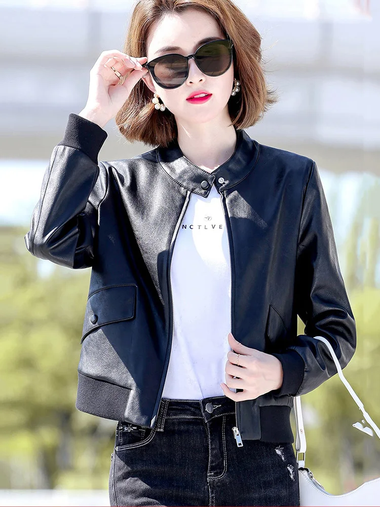 New Women Baseball Uniform Style Leather Jacket Spring Autumn Casual Stand Collar Sheepskin Jacket Short Split Leather Coat