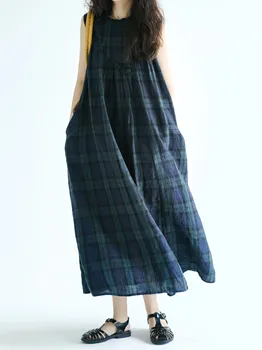 Summer 2026 Large Size Cotton Linen Plaid Vest Skirt Long Svel Dr Chest Splicing Wooden  Ear A-Line Dr 1