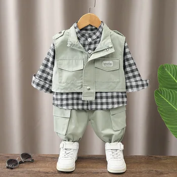 Baby Boy Clothes 9 to 12 Months Vest + Plaid Shirts + Pants 3 PCS Infant Outfits Toddler Boys Clothing Set Kids Bebes Trackusuit 1