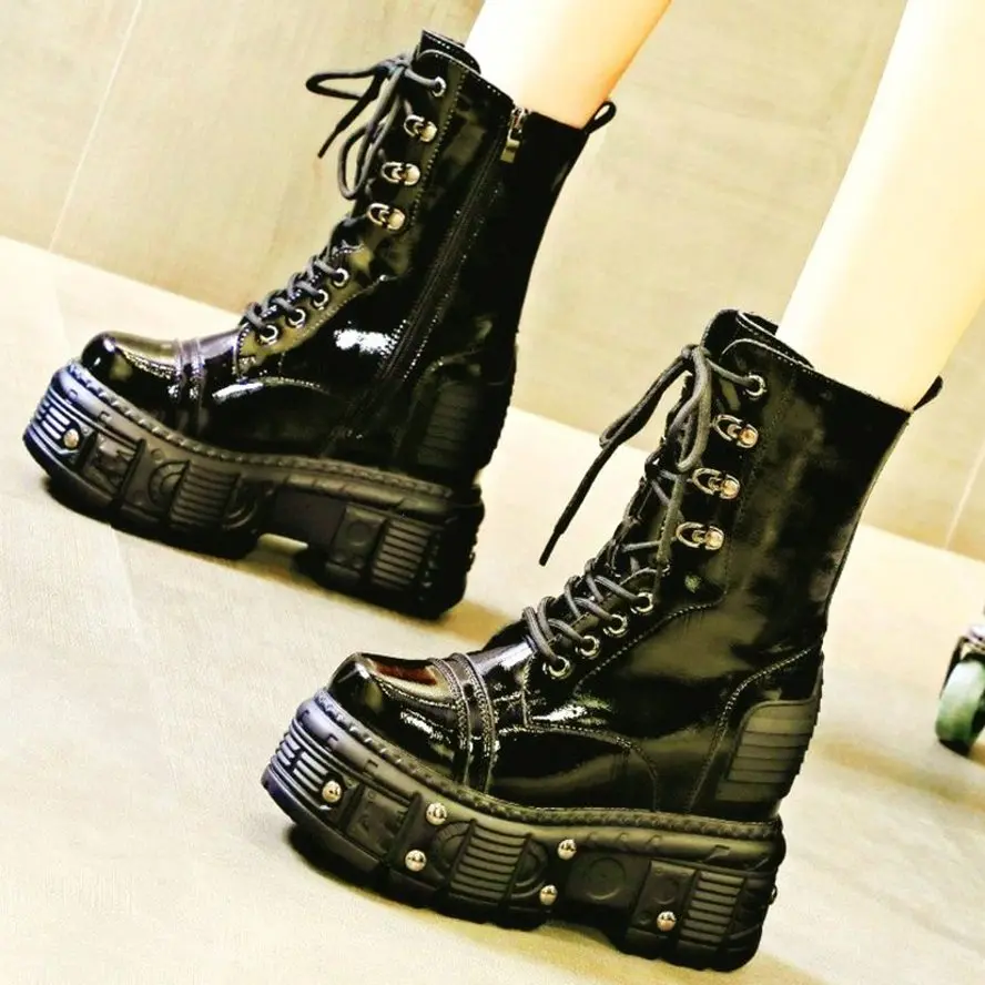 

Military Motorcycle Riding Ankle Boots Women's Leather Round Toe Platform Wedge High Heels Buckle Punk Goth Creeper Oxfords