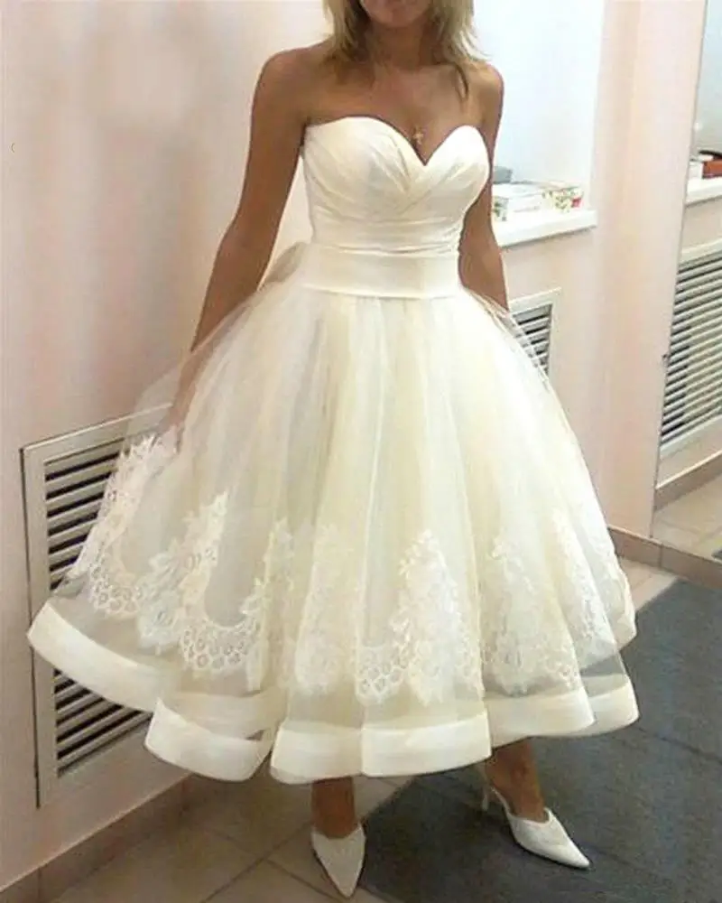 

Classic Lace Applique Ballgown Wedding Dress Short Sweetheart Puffy Skirt Vestido De Casamento Bridal Gowns