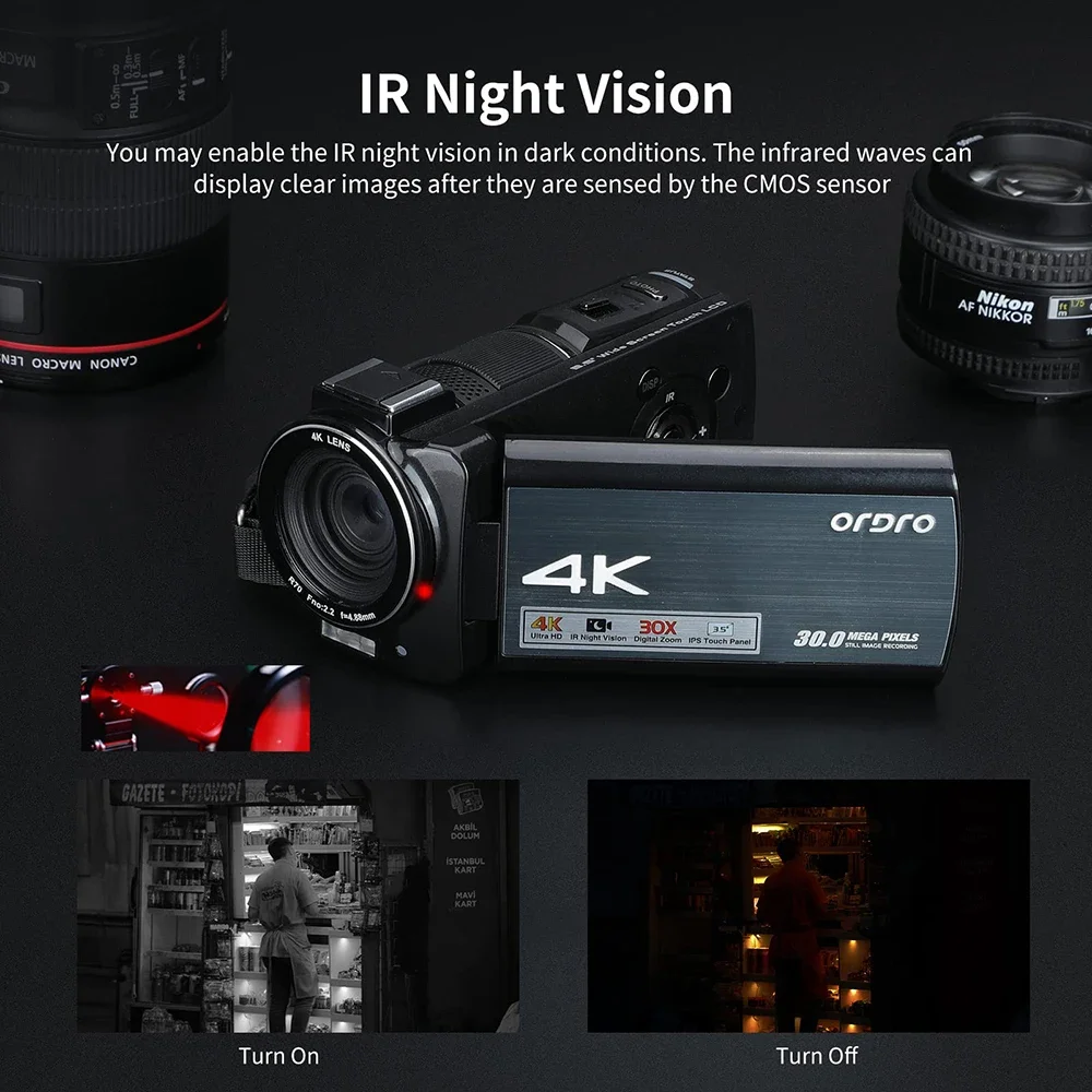 오르도 AX10 4K 캠코더 카메라 전문가용 30MP 60FPS 30배 디지털 줌 카메라 브이로그 IR 야간 투시경 WiFi 유튜브 영상 촬영