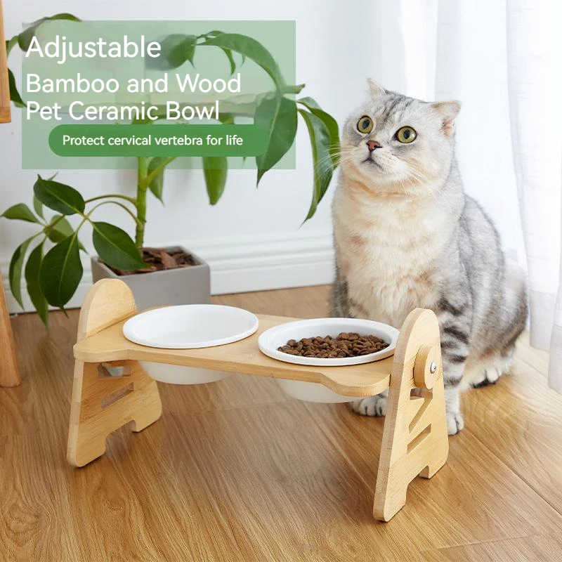 

Elevated Puppy Cat Bowls Adjustable Raised Height Double Diner Bowl Bamboo Ceramic Dog Food Water Bowls for Small Middle Dog