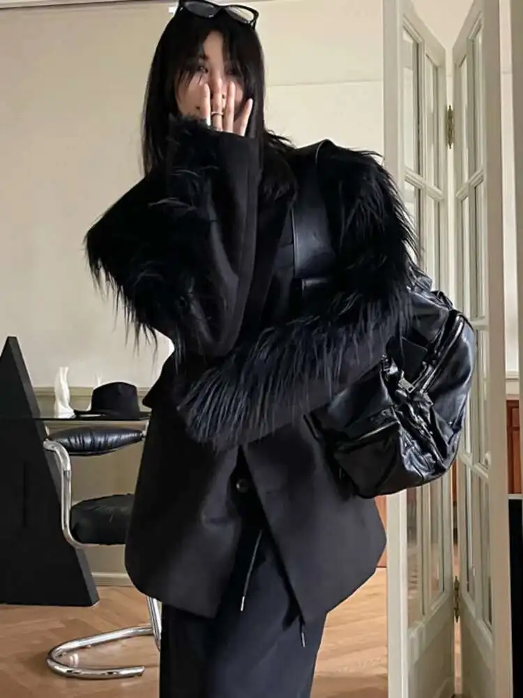 ZMEENNA معطف نسائي صوف بأكمام طويلة مرقع من الفرو...